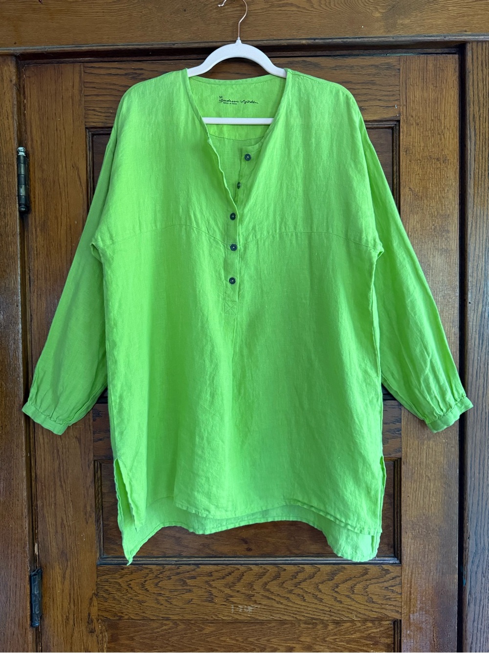 GUDRUN SJODEN 100% Linen Apple Lime Green Tunic Top Button Up Flowy Lagenlook M
